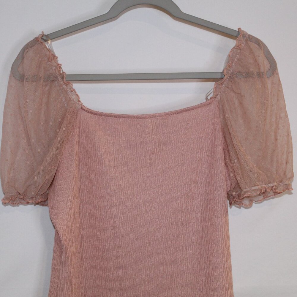 Evolutionary light pink square neck short sheer puffed sleeve cropped blouse L - Picture 5 of 7